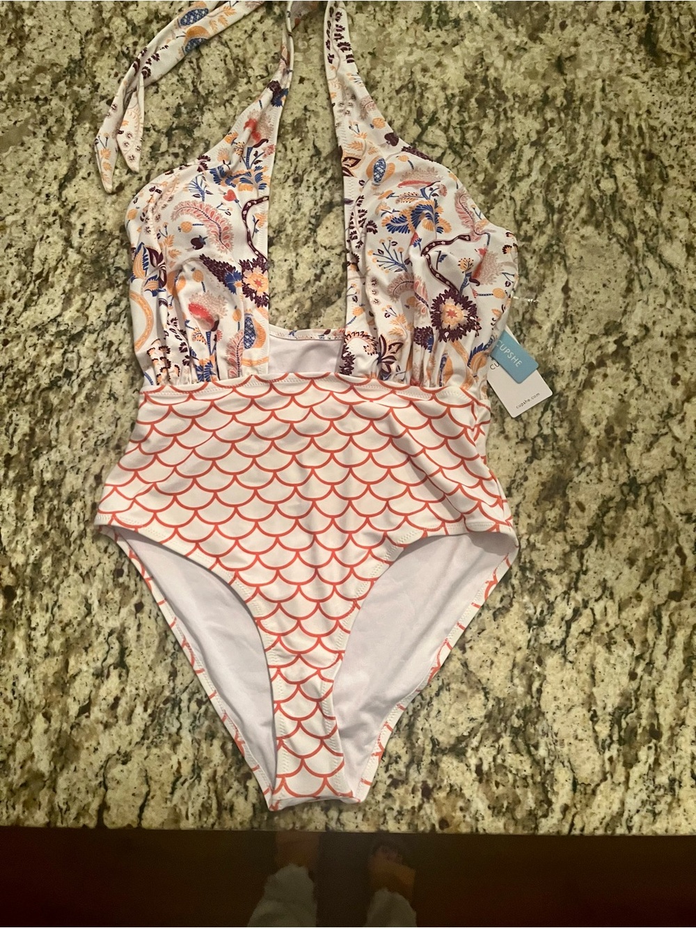 Cupshe Floral Halter One-Piece Swimsuit in White and Coral New with tags size m